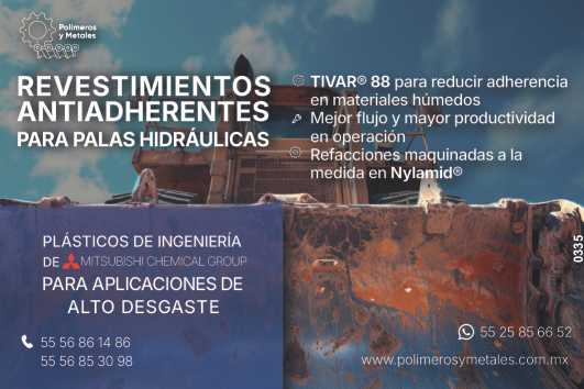 Revestimientos Antiadherentes para Palas Hidraulicas. Plasticos de Ingenieria de MITSUBISHI CHEMICAL GROUP para aplicaciones de alto desgaste. TIVAR 88 para reducir adherencia en materiales humedos.