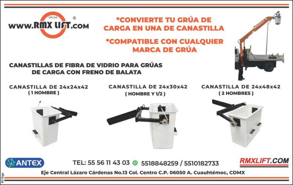 Canastillas de Fibra de vidrio para Gruas de Carga, con freno de balata. Canastillas de 24x24x42 (1 hombre), de 24x30x42 (hombre y 1/2), 24x48x42 (2 hombres). Compatible con cualquier marca de grua.