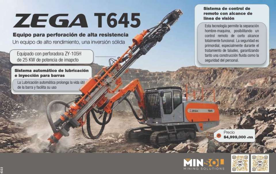 Zega T645. Un equipo de alto rendimiento, una inversion solida, equipado con perforadora ZY-105H, sistema automatico de lubricacion e inyeccion para barras Zega T645. Un equipo de alto rendimiento, una inversion solida, equipado con perforadora ZY-105H, sistema automatico de lubricacion e inyeccion para barras
