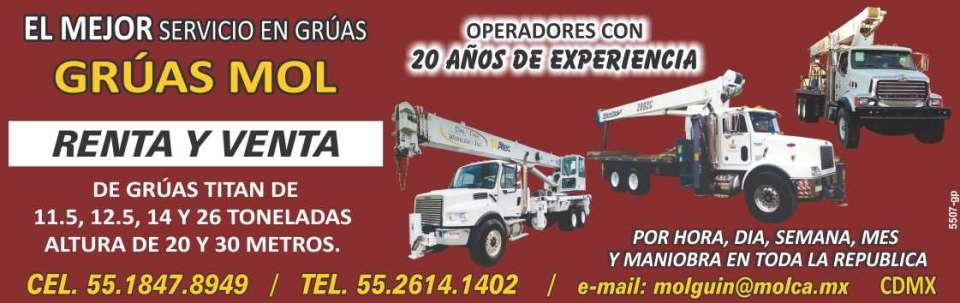 Renta y Venta de Gruas Titan de 11.5, 12.5, 14 y 26 toneladas, altura de 20 y 30 metros. Por hora, dia, semana y mes. Maniobra en toda la Republica. Operadores con 20 años de experiencia.
