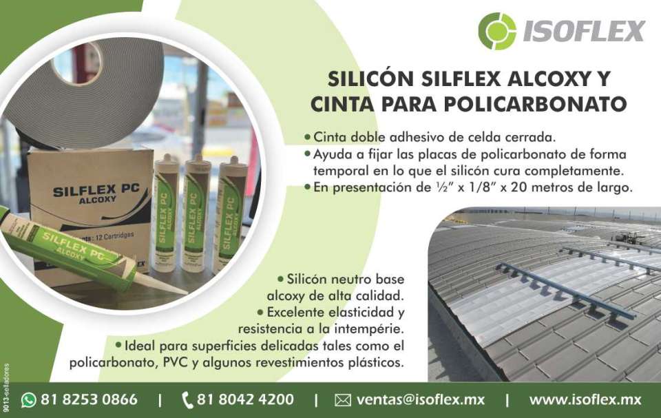 Silicon Silflex Alcoxy y Cinta para Policarbonato Cinta doble adhesivo de celda cerrada, ayuda a fijar las placas de policarbonato de forma temporal en lo que el silicon cura completamente
